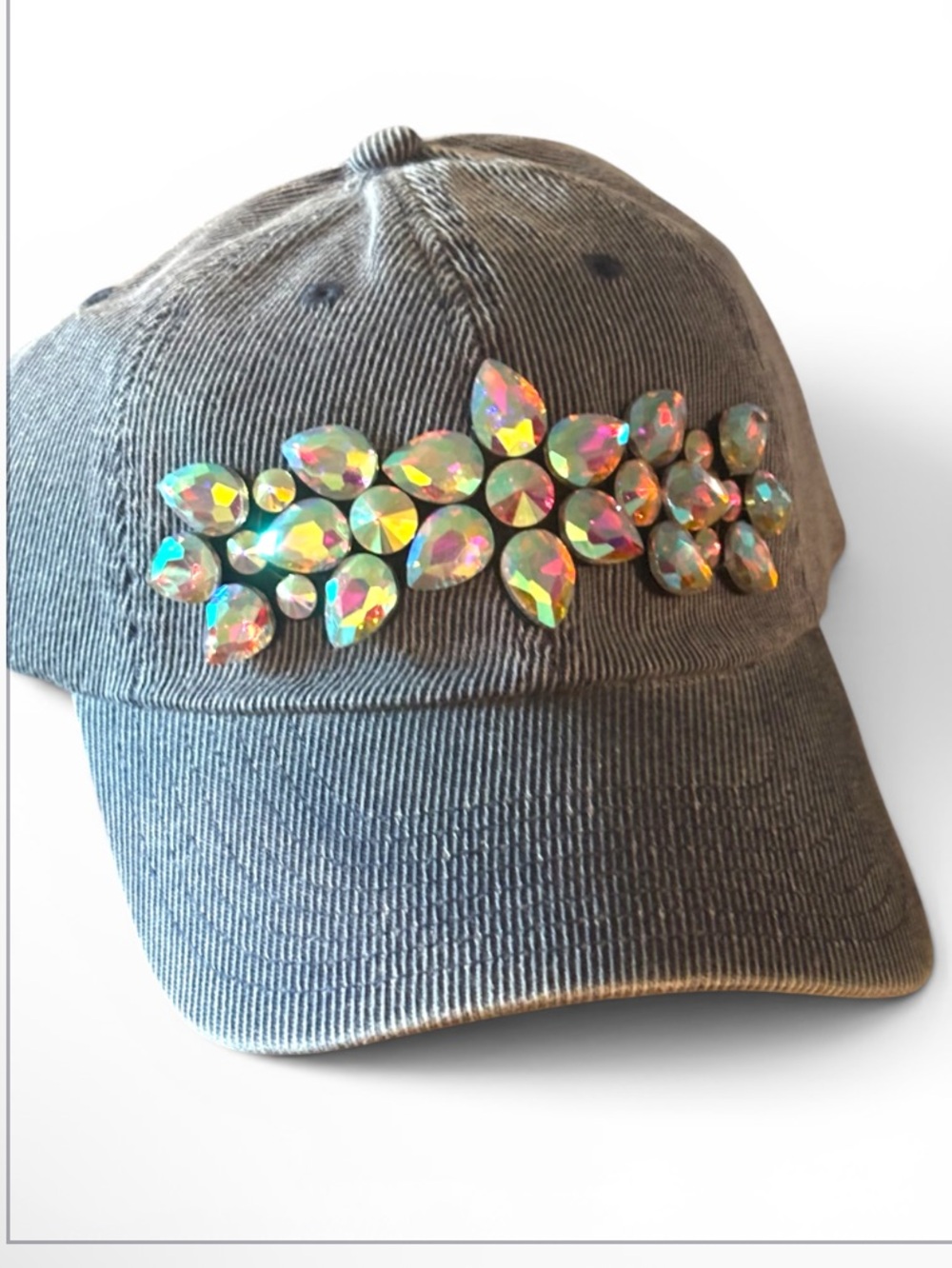 Ribbed Denim Baseball Cap with AB Crystal Embellishment